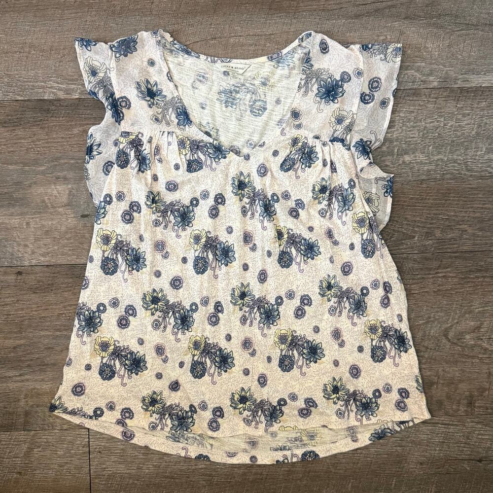 Lucky Brand Blue Purple Yellow Boho Floral Blouse Top Small Petite